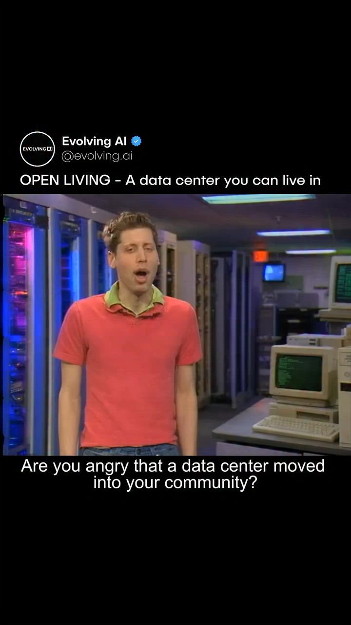 Man in red polo shirt stands in server room; text overlay reads 'OPEN LIVING – A data center you can live in' and asks if