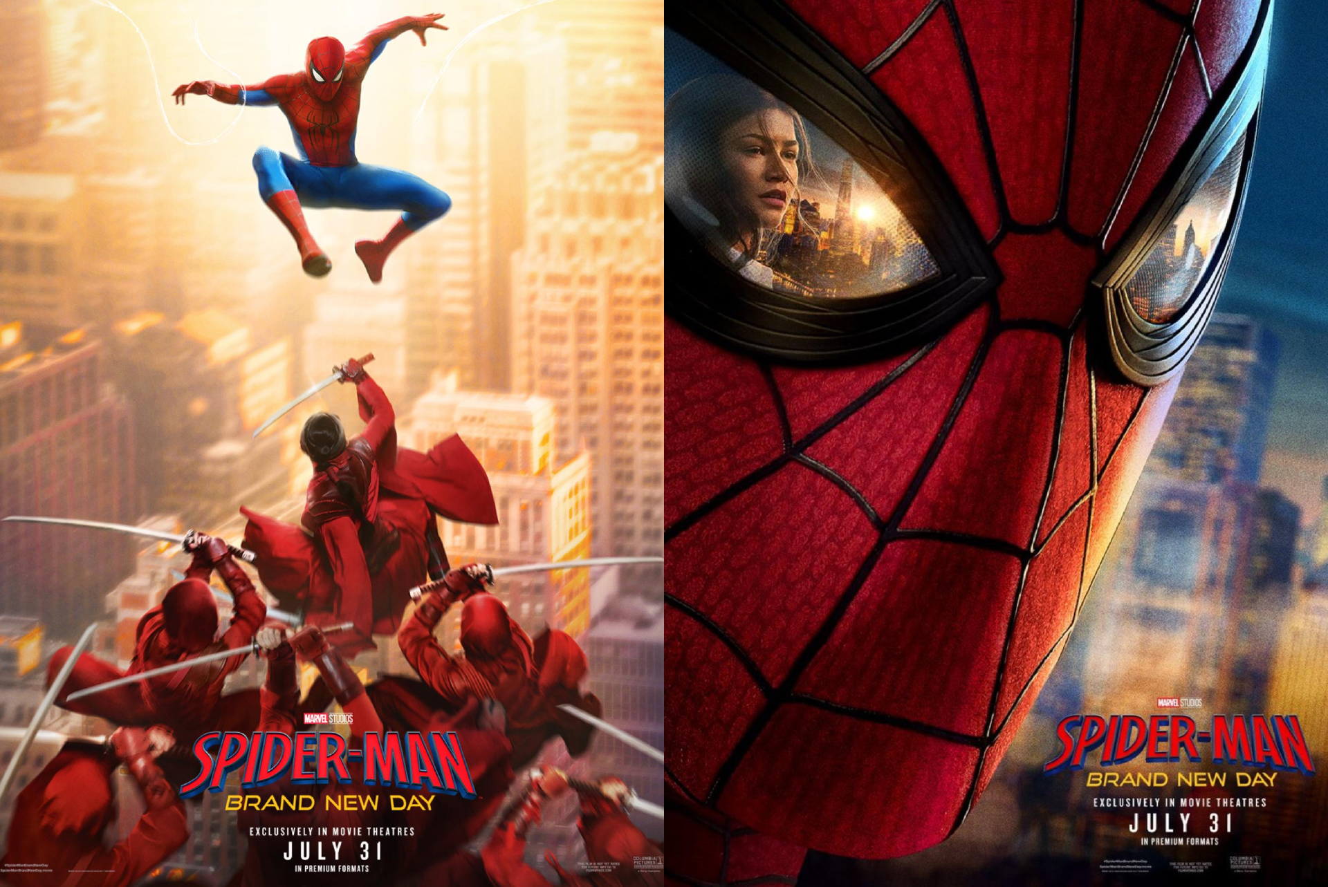 Spider-Man in red and blue suit leaps over masked enemies; close-up of his mask reflects a woman against city skyline.