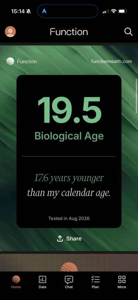 Function app screen showing biological age of 19.5, 17.6 years younger than calendar age, tested Aug 2026.