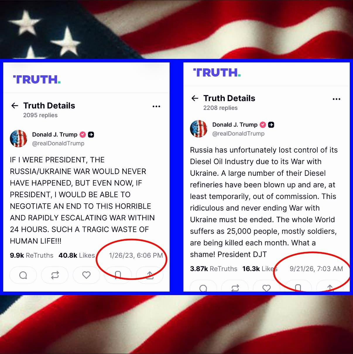 Two social media posts by Donald J. Trump on 'TRUTH.' app, set against a U.S. flag background; left post dated 1/26/23,
