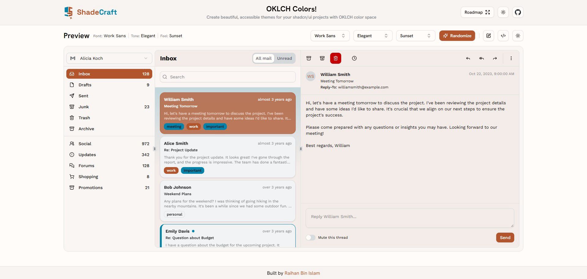 Email inbox preview showing a warm Sunset theme with Work Sans font and Elegant tone, displaying folders like Inbox, Sent,