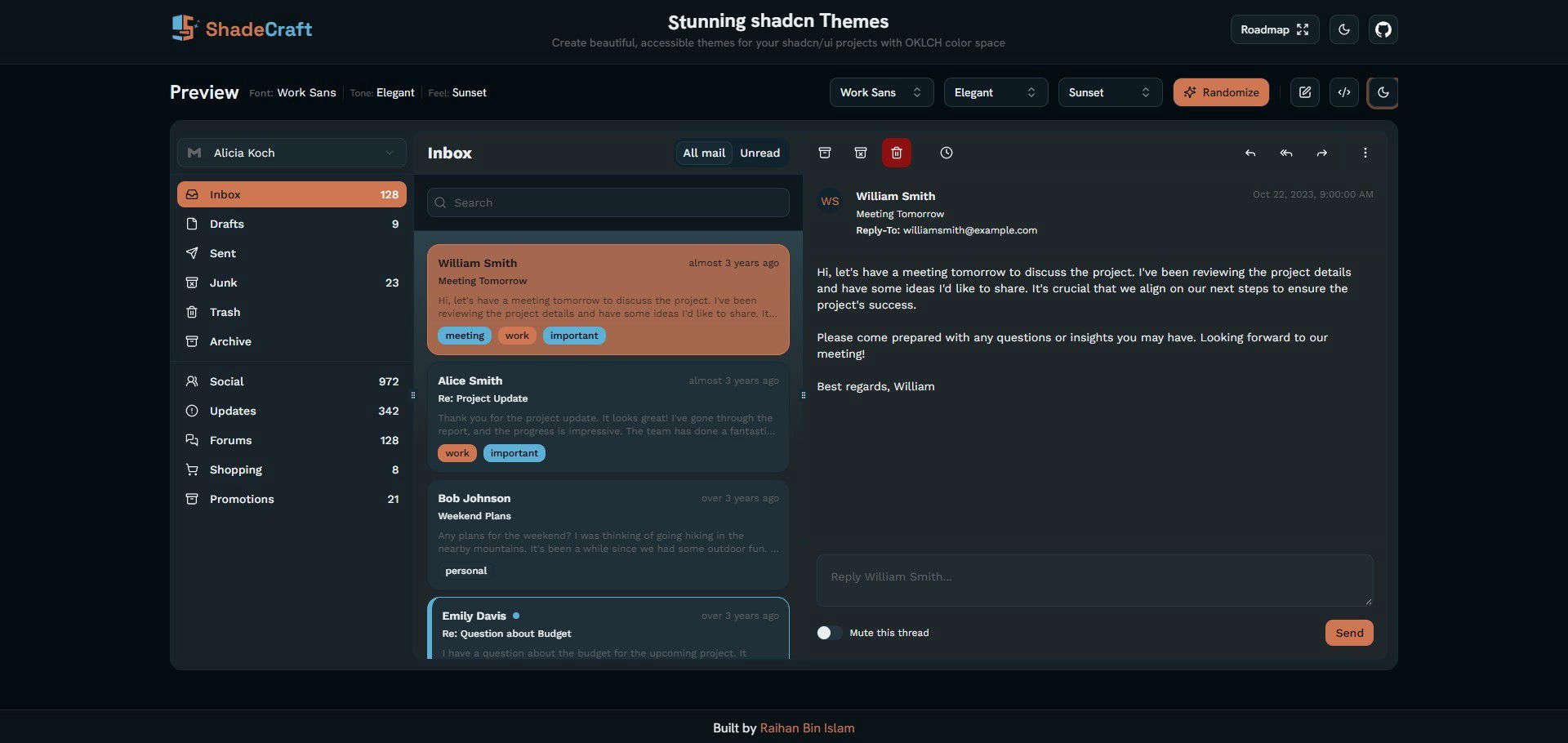 Email client preview in ShadeCraft showing Work Sans font, Elegant tone, and Sunset color theme with orange accents.