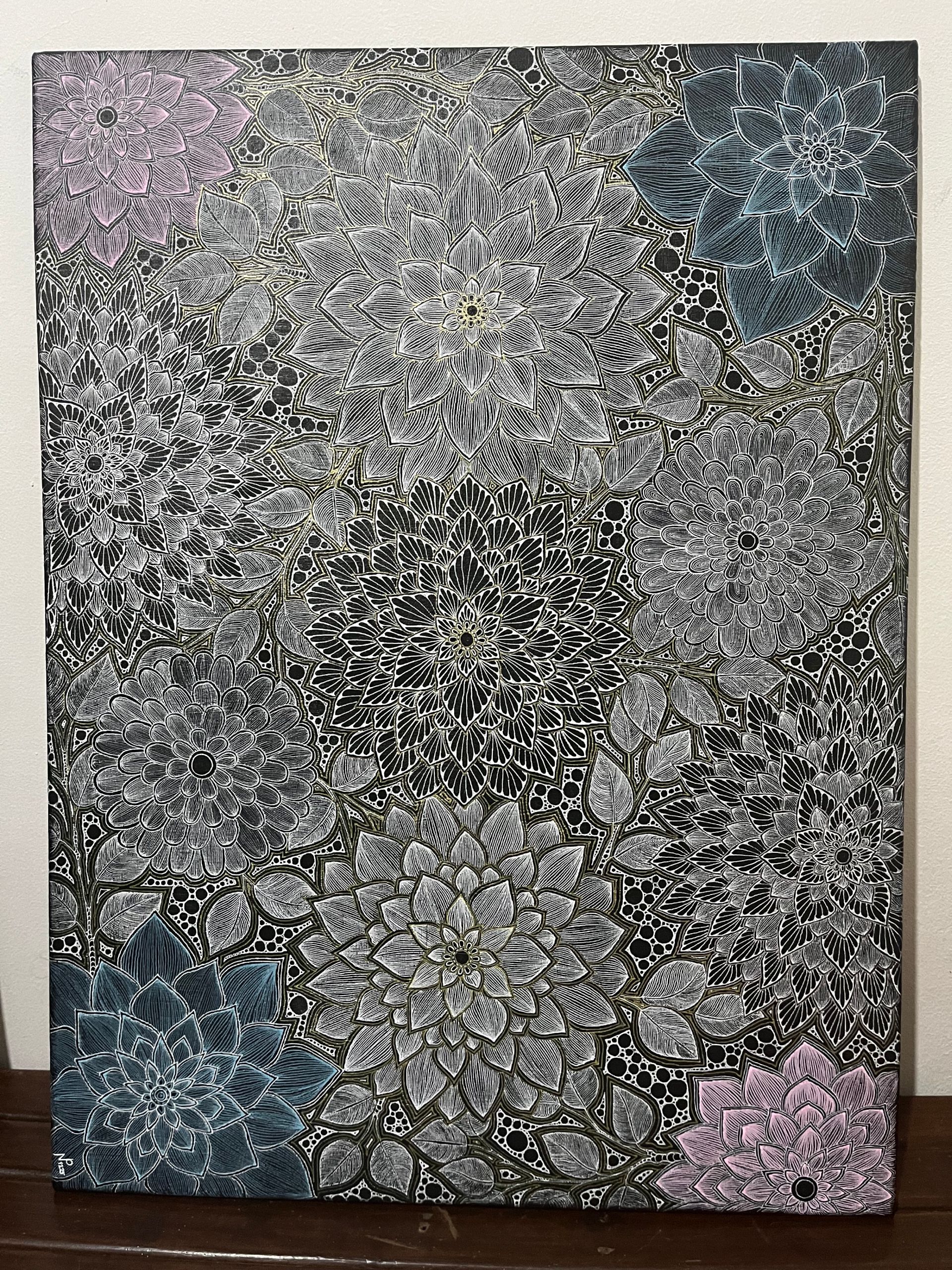 Midnight flower garden
Gel pen on black gesso
18" x 24"
$650.00