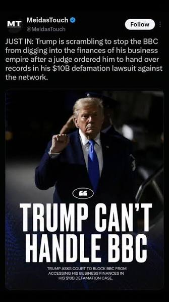 Donald Trump in dark suit and blue tie, pointing upward; text overlay reads 'TRUMP CAN'T HANDLE BBC' with smaller caption