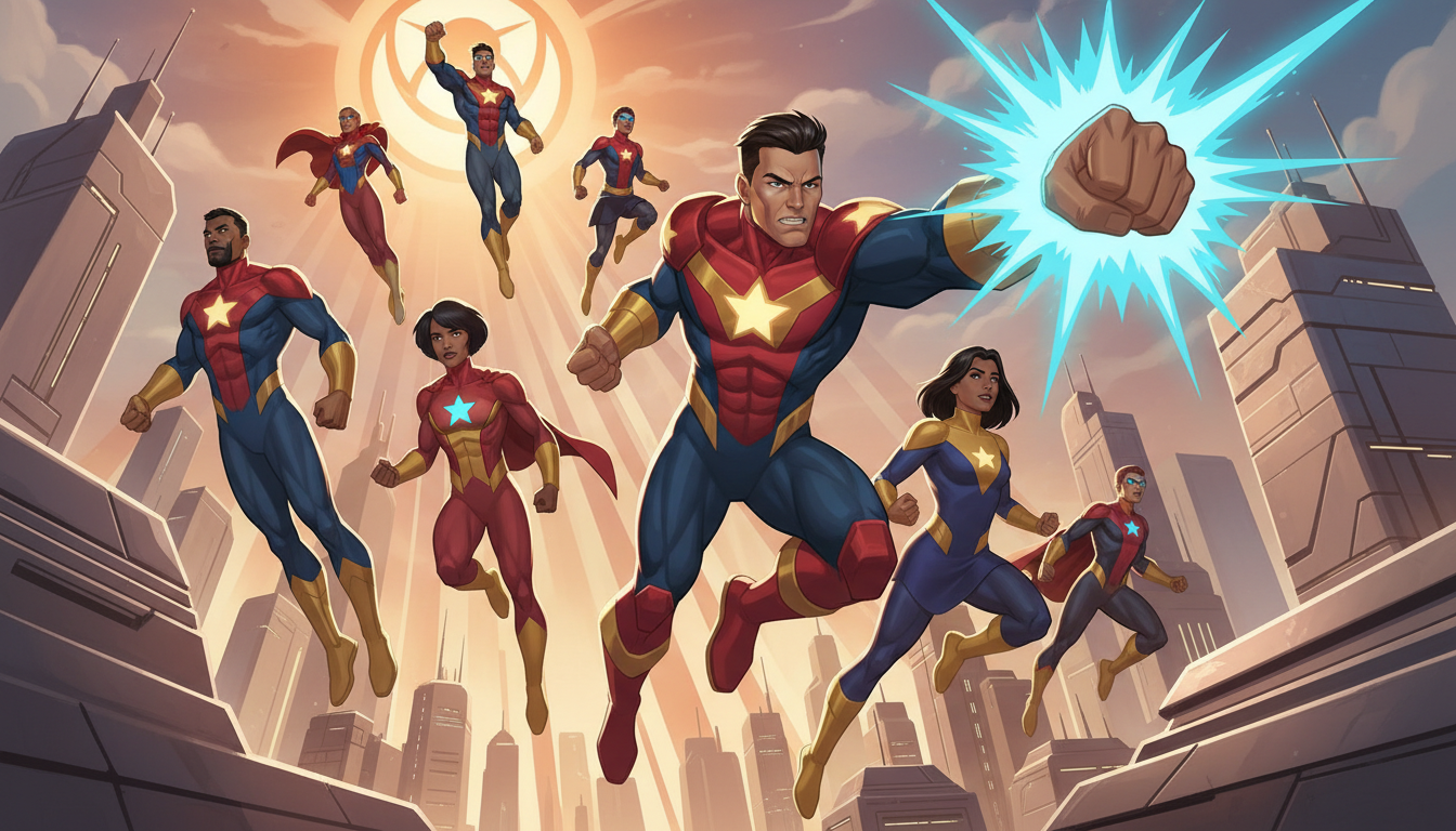 Seven superheroes in red and blue suits with star emblems leap through a futuristic city; one punches forward, emitting