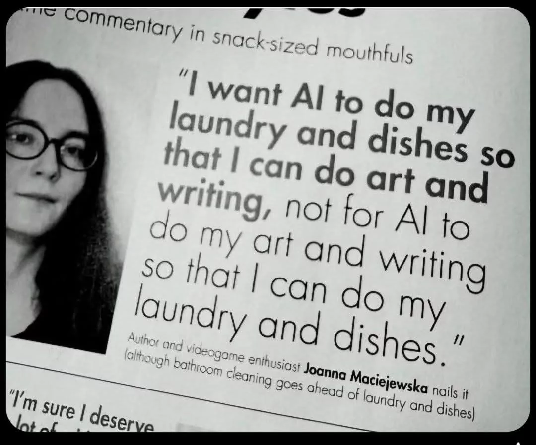 Black-and-white photo of Joanna Maciejewska with glasses, next to a quote about using AI for chores so she can focus on art