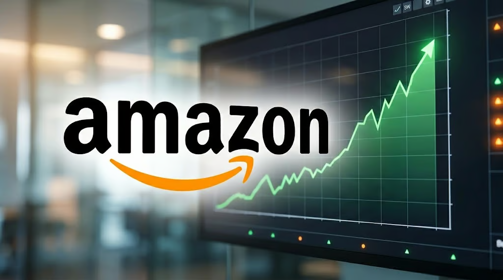 Amazon logo overlaid on a rising green stock chart displayed on a monitor.