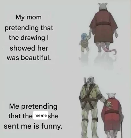 Two panels showing characters walking away; top panel has text about mom pretending a drawing was beautiful, bottom shows